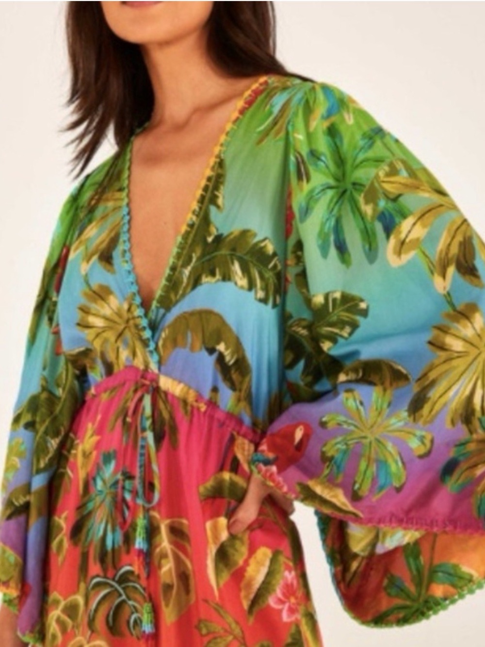 Farm Rio Ombre Forest Ruffle Tunic Maxi Dress Lg Beaded Tassel Boho Resortwear